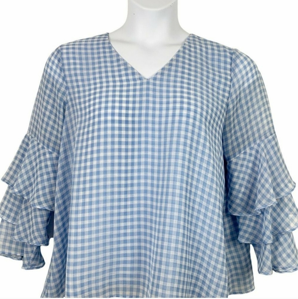 NEW Liz Claiborne Blouse Tiered Sleeves V Neck Blue White Check Gingham XL